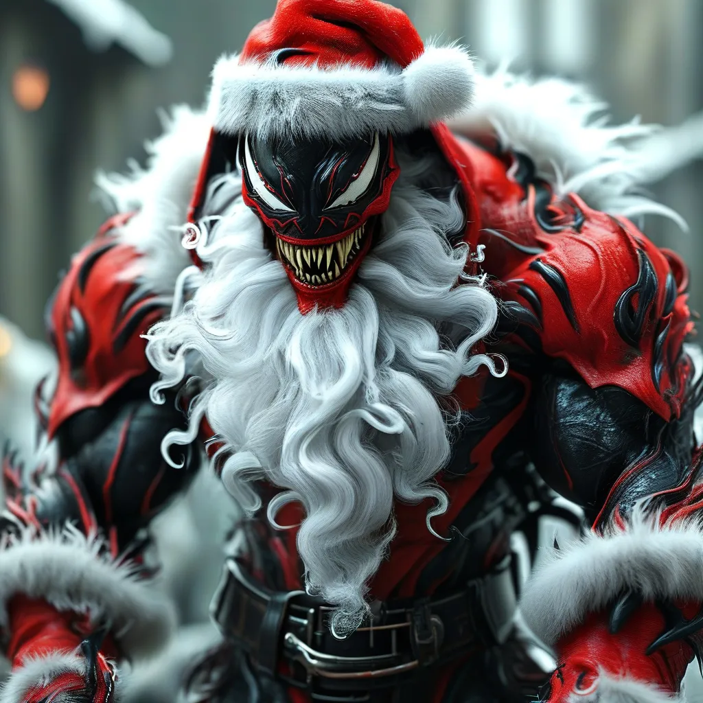 Prompt: A powerful hybrid creature combining the jolly appearance of Santa Claus with the menacing features of Venom. The creature has Santa's iconic red and white suit, complete with a fluffy white beard and belt, but its body is more muscular and sleek like Venom’s, covered in black symbiote tendrils that wrap around its limbs. The face is a mix of Santa's joyful expression, but with Venom’s sharp teeth, glowing white eyes, and an eerie, sinister grin. Black symbiote goo drips from the edges of the beard, adding a dark, otherworldly element. The creature stands in a dynamic pose, exuding both holiday cheer and an ominous power, blending the festive spirit with a darker, more intense energy.