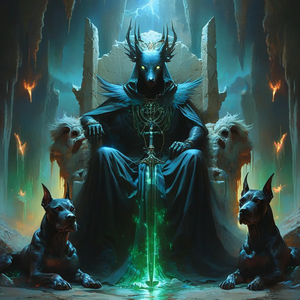 Prompt: (dark figure) on (obsidian throne) in (underworld cavern), wearing a (flowing black robe), (fiery glowing eyes), holding a (two-pronged scepter), accompanied by (ghostly apparitions), flickering (faint blue flames), with (three-headed dog Cerberus) featuring (glowing red eyes), (cavern aglow) with (unearthly light), dripping (green luminescence), (dramatic, eerie atmosphere), (highly detailed, cinematic quality), (mystical energy).