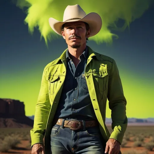 Prompt: Cowboy man on a sunset-drenched dry plateau, in a brushstrokes navy artwork, captured in the style of Alberto Seveso's promo shot, with chartreuse, olivine, and moss tones, high quality, professional, atmospheric lighting