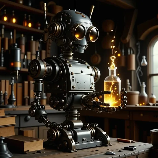 Prompt: A steampunk robot, (dramatically) positioned in a dim workshop, (holding a glowing) vial of mysterious liquid, surrounded by an array of (various tools) and ancient books. The ambiance is bathed in (soft twilight) hues, casting delicate shadows that enhance the robot's intricate details, creating a sense of curiosity and (inviting exploration). (4K) and (ultra-detailed) vision for crisp clarity, (mysterious and intriguing) atmosphere.