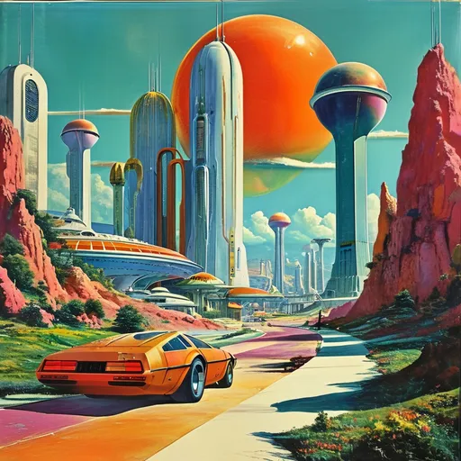 Prompt: (1970s visions of the future), (surreal imagery), vibrant colors, retro-futuristic landscapes, imaginative technology, whimsical designs, vivid details, bright contrasts, dreamy ambiance, influenced by Angus McKie, art style evoking nostalgia, striking and imaginative, capturing the essence of innovation, high-quality illustration, enhanced by dramatic shadows and glowing highlights.