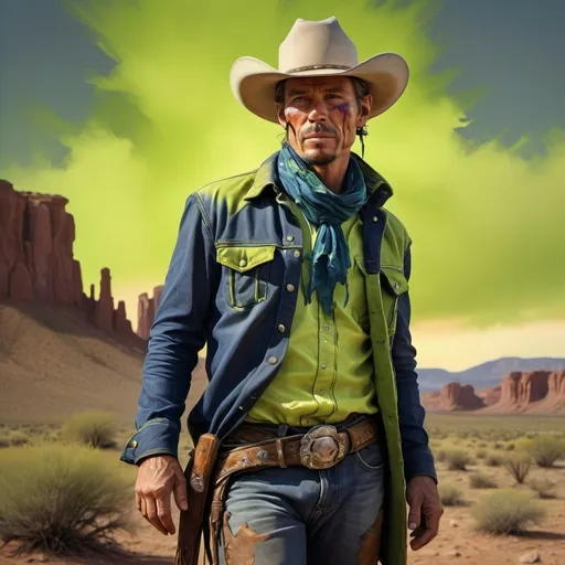 Prompt: Cowboy man on a sunset dry plateau, promo shot courtesy by Alberto Seveso, oil painting, brushstrokes navy, chartreuse, olivine, moss, professional, vibrant colors, high detail, warm lighting, western, textured brushstrokes, scenic, dusty atmosphere