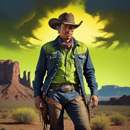 Prompt: Cowboy man on a sunset dry plateau, promo shot courtesy by Alberto Seveso, oil painting, brushstrokes navy, chartreuse, olivine, moss, professional, vibrant colors, high detail, warm lighting, western, textured brushstrokes, scenic, dusty atmosphere