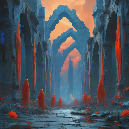 Prompt: (ultra-detailed) skeletal remains of colossal structures, faintly glowing with delicate red and blue patterns, (weathered, cracked surfaces), vibrant scarlet flowers, robed wanderers, gathering under a star-filled sky, captivated by the otherworldly atmosphere, mystical mood, deep contrasts, luminous soft lighting, ethereal glow, ancient ruins, tranquil ambiance, fantasy setting, cinematic masterpiece, high definition.