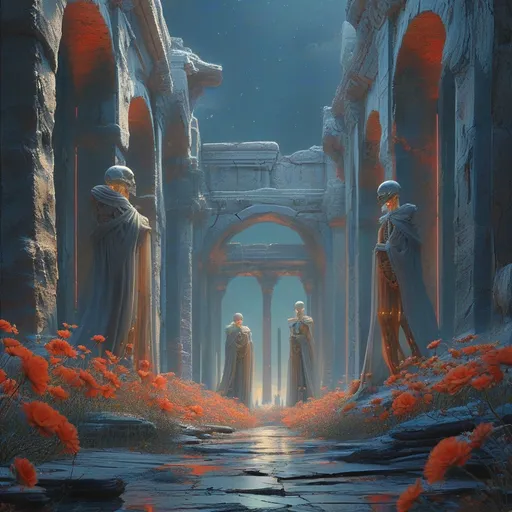 Prompt: (ultra-detailed) skeletal remains of colossal structures, faintly glowing with delicate red and blue patterns, (weathered, cracked surfaces), vibrant scarlet flowers, robed wanderers, gathering under a star-filled sky, captivated by the otherworldly atmosphere, mystical mood, deep contrasts, luminous soft lighting, ethereal glow, ancient ruins, tranquil ambiance, fantasy setting, cinematic masterpiece, high definition.