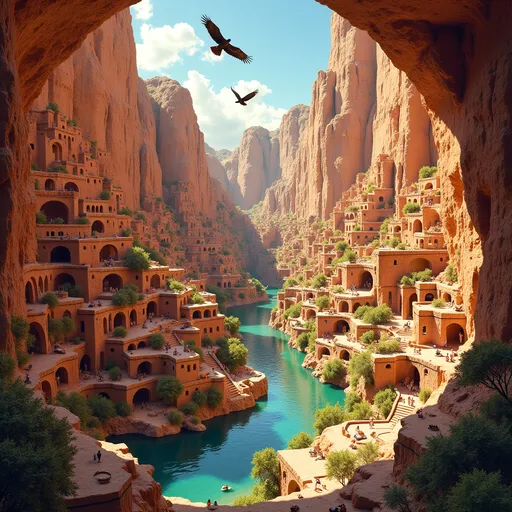 Prompt: Prehistoric ancestral puebloan cliff dwellings designed by MC Escher ((in the style of intricate architectural sketches)), rugged, cascading waterfalls, hanging gardens, sunlit canyon, soaring eagles, labyrinthine pathways, hidden chambers, mysterious symbolism, dramatic perspective, vibrant colors, intricate patterns, Escher-inspired tessellations