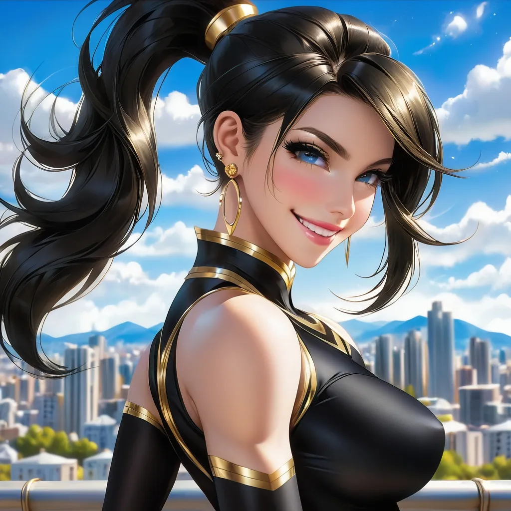 Prompt: Emo Goth chick, long hair, ponytail, muscular, earrings, black leotard, gold trim, looking at viewer, smiling, outside, cityscape, blue sky, high quality, masterpiece,