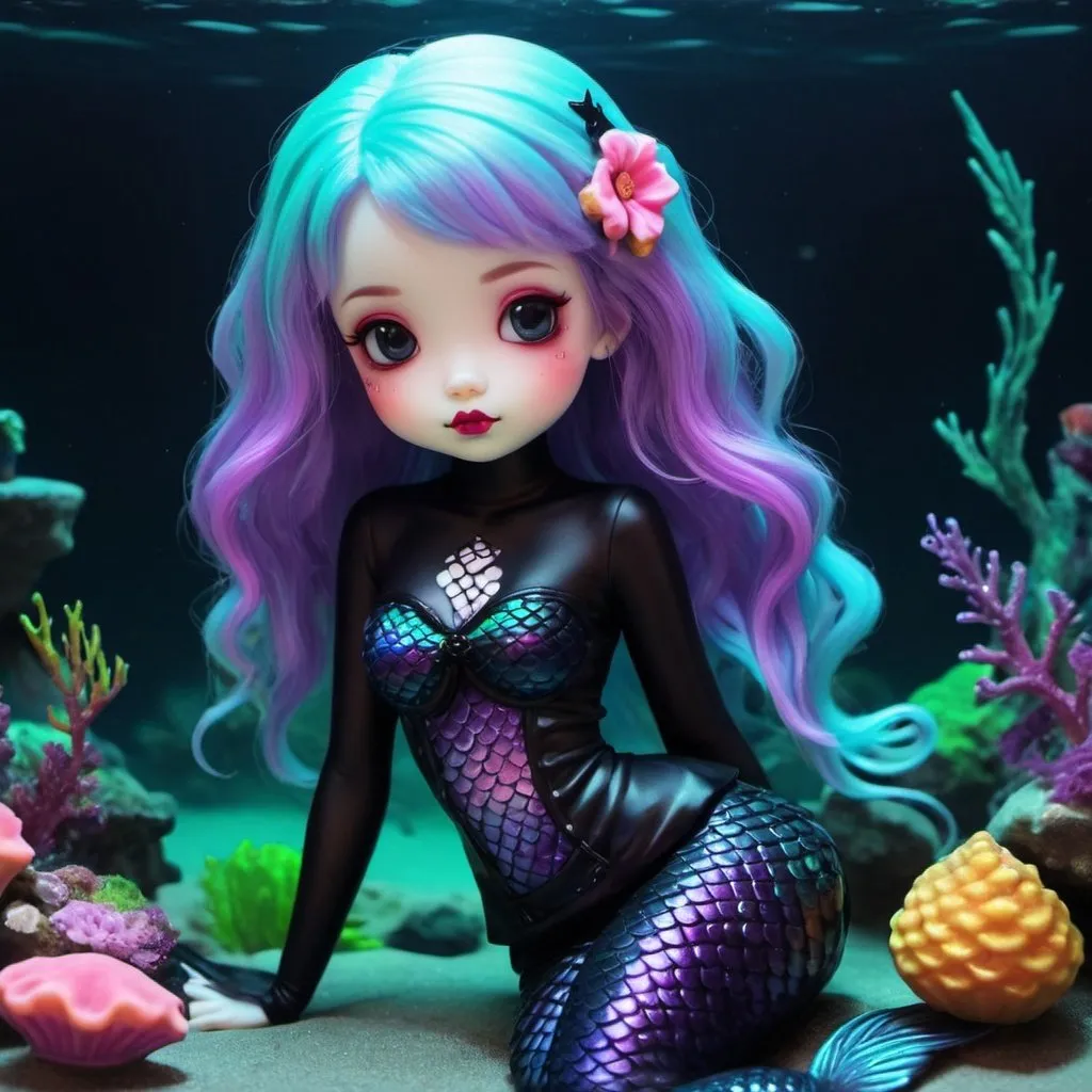 Prompt: kawaii cute gothic neon mermaid by sunken ship