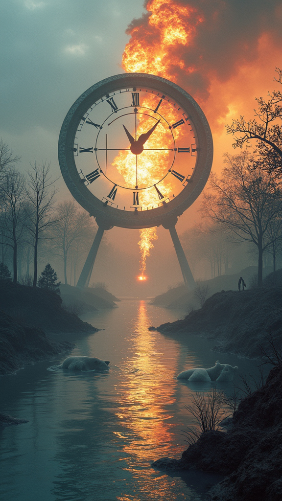 Prompt: A surreal photorealistic city split into two: one half submerged in floodwater with drowning polar bears, the other half scorched by wildfires with skeletal trees. A giant melting clock towers in the center, its hands shaped like CO2 emission graphs. In the sky, politicians shake hands over a contract labeled 'Net Zero 2050' while ignoring the chaos below
