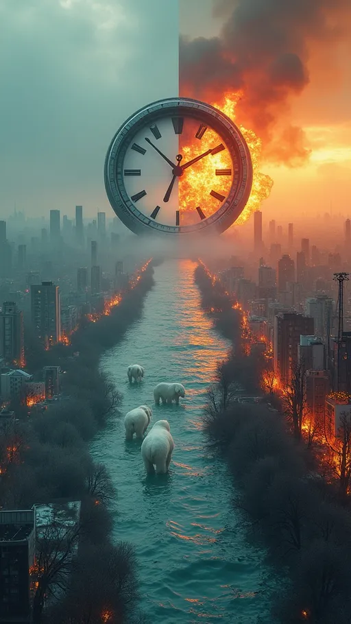 Prompt: A surreal photorealistic city split into two: one half submerged in floodwater with drowning polar bears, the other half scorched by wildfires with skeletal trees. A giant melting clock towers in the center, its hands shaped like CO2 emission graphs. In the sky, politicians shake hands over a contract labeled 'Net Zero 2050' while ignoring the chaos below