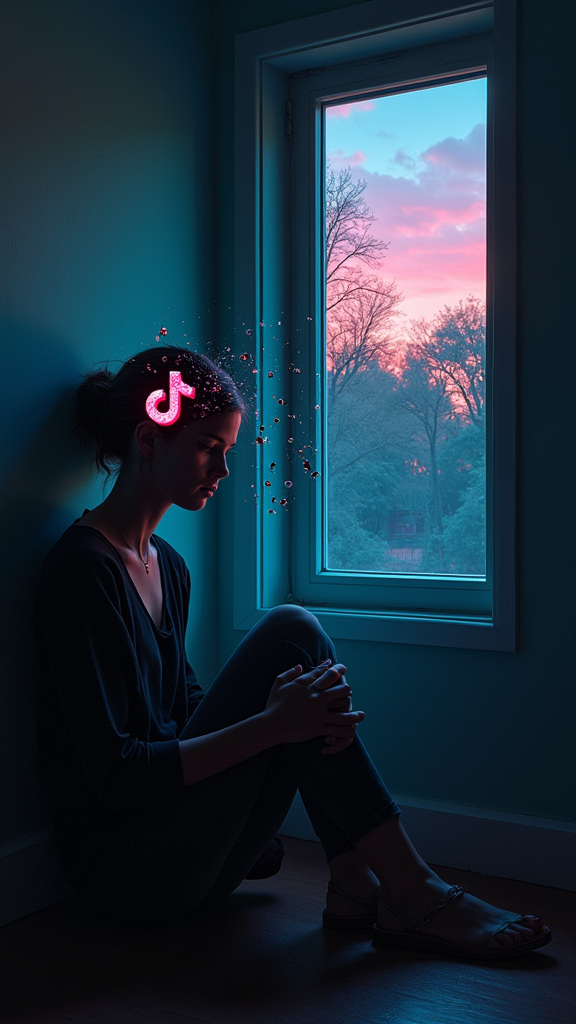 Prompt: A teenage girl sitting alone in a dark room, her body disintegrating into pixels. Her head is a cracked smartphone screen displaying TikTok/Instagram icons, while shadowy hands labeled 'Algorithm' feed her endless reels. Outside the window, a sunny park full of people—but all are faceless, hunched over their phones. hyperrealistic, neon noir, 8k