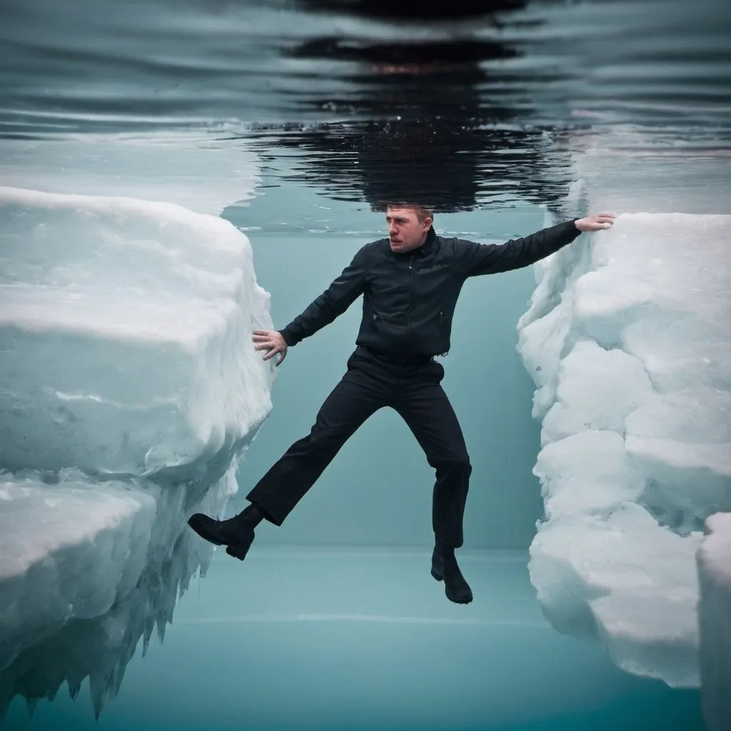 Prompt: In a picture where half of it is surface and the other under water, taken from the side, a man drowning, surrounded by ice. 