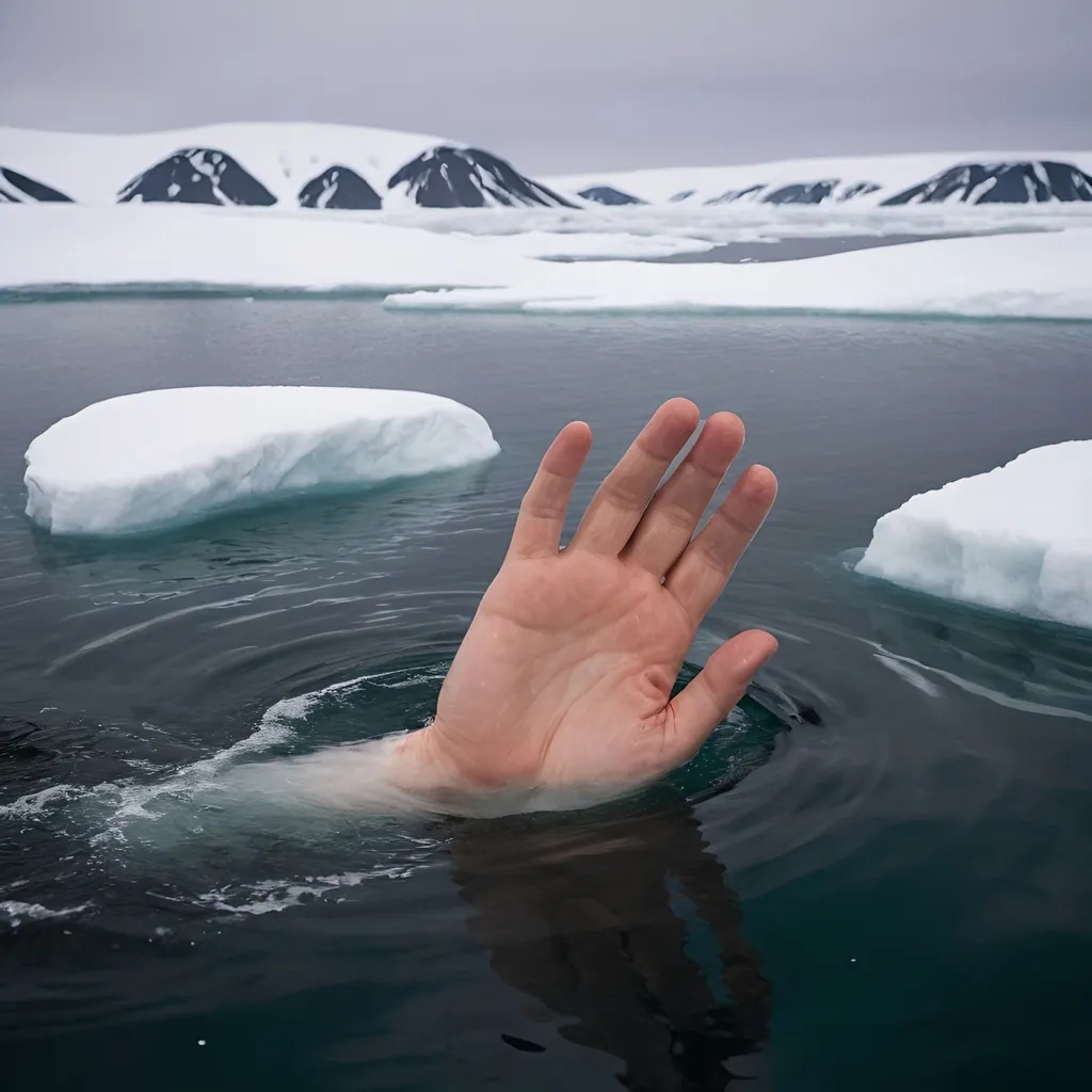 Prompt: A hand sticking out of the water in the arctic ocean. 