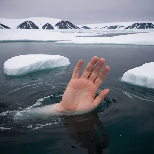 Prompt: A hand sticking out of the water in the arctic ocean. 