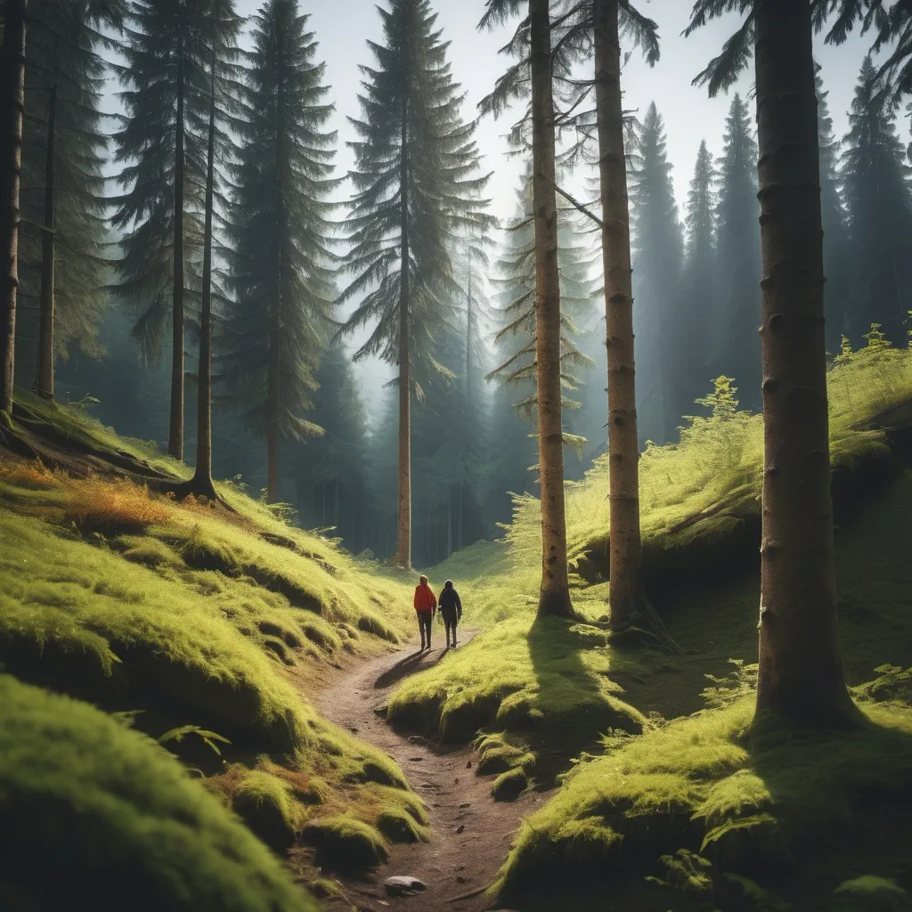 Prompt: Two people alone in a bright forest on a mountain