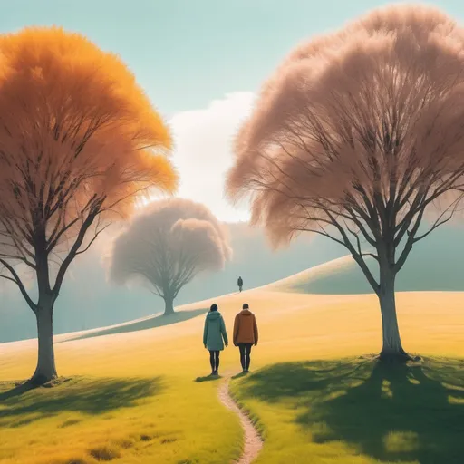 Prompt: Two people alone on a bright and cozy landscape with some trees