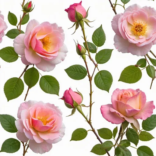 Prompt: Four wild roses on a white background. The two roses on the top row are still closed. The two roses in the bottom row are in full bloom.