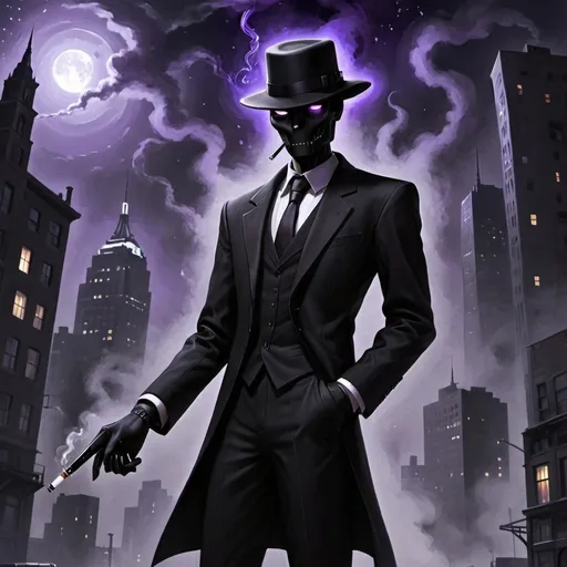 Prompt: Enderman, wears black smoking suit, wears a black hat, old manhatten city, night whit many stars and full moon, the enderman is pitch black, can open jaw very whide, and inside the mount or the eyes are purple or light dark purple, the enderman have a gun, gender male, body slender scary