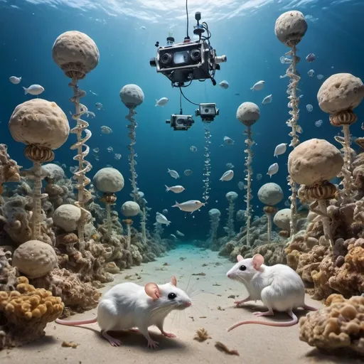 Prompt: image with ocean, mice, robots, birds, research, science, underwater, foraminifera, DNA, cameras
