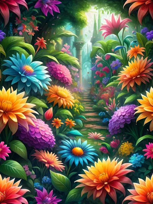 Prompt: Vibrant digital painting of a lush flower garden, rich and vivid colors, detailed petals with intricate patterns, high-quality rendering, fantasy, magical, vivid, surreal, glowing, botanical paradise, whimsical, dreamy, vibrant lighting, ultra-detailed, digital art, enchanting, flourishing, blooming, ethereal, mystical, high-res, colorful, magical atmosphere, fantasy flora