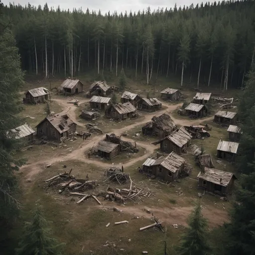Prompt: A small settlement that belonged to lumberjacks. We are deep in the woods, and a search party is coming across the settlement which is now messed up. Homes are ravaged, the slain bodies of the lumberjacks are left around the settlement