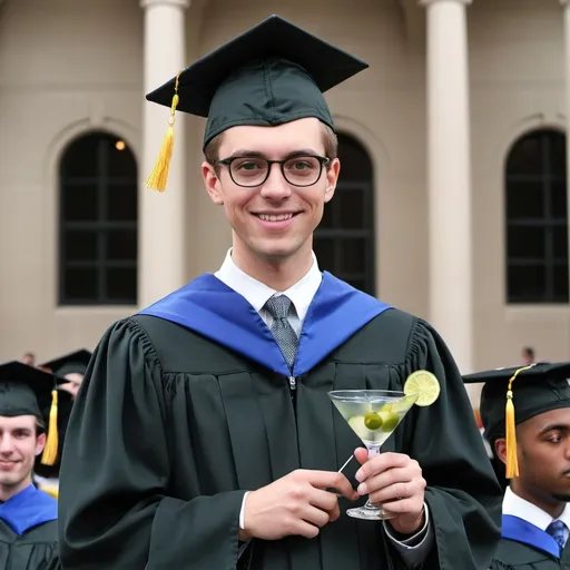 Prompt: Can you generate a picture of Philip Erdoes at graduation in a cap and gown holding a martini gkasa