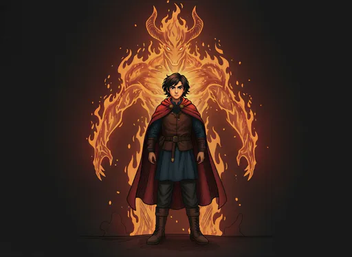 Prompt: @vmMFpfLBo0zR57kyxRrV Is wearing his standard attire. He is now 13 years old. His horned, flame spirit stands behind him . . Style is Epic Fantasy, detailed, dark colors, dramatic, graphic novel illustration,  2d shaded retro comic book, parchment panterly effect