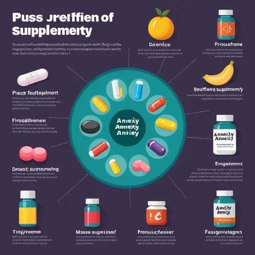 Prompt: A vibrant infographic showcasing the benefits of different supplements for anxiety, with clear icons and text. text in english please