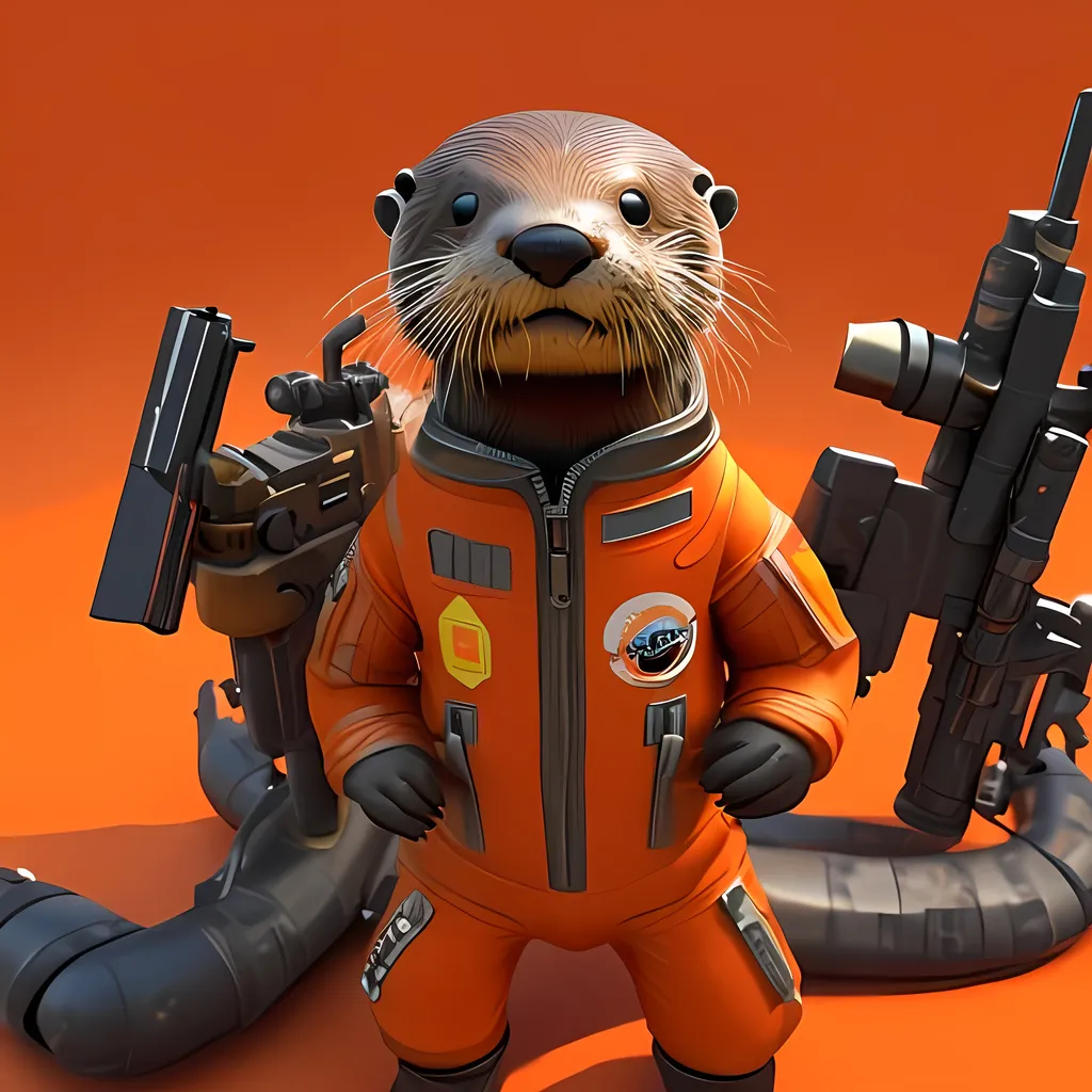 Prompt: An otter wearing an orange space suit smoldering  fiercely at the camera with a shotgun in hand in a 3D cartoony way
