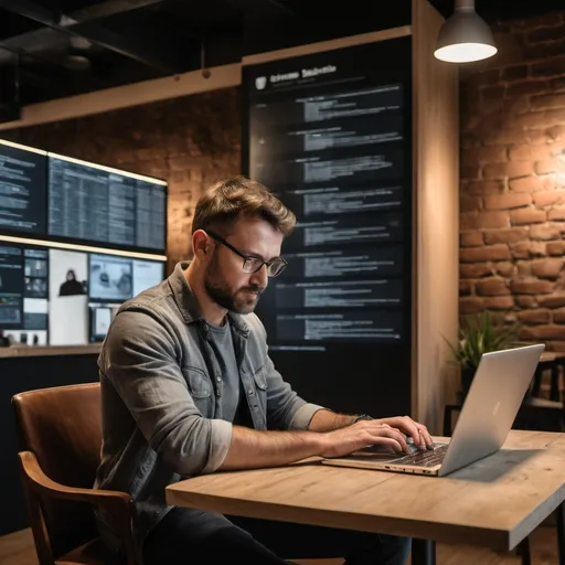 Prompt: A man, aged between 30 and 35, is sitting on a chair working on a laptop at a table. There is a beautiful display behind him.