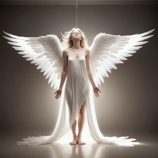 Prompt: white woman angel dressed in white covering all but face 20 years old very long white wings hanging down to feet white skin glowing with light triumphant look on face

