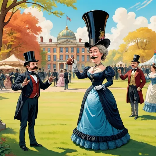 Prompt: (cartoon of Queen Victoria who is throwing a football to a gentleman with a handlebar mustache and top hat), 1890s formal style, vibrant colors, cheerful atmosphere, detailed background of a Victorian-era park, sunny day, elaborate Victorian clothing, blue sky, playful interaction, exaggerated expressions, lively scene, intricate linework, high detail, ultra-detailed, 4K illustration.