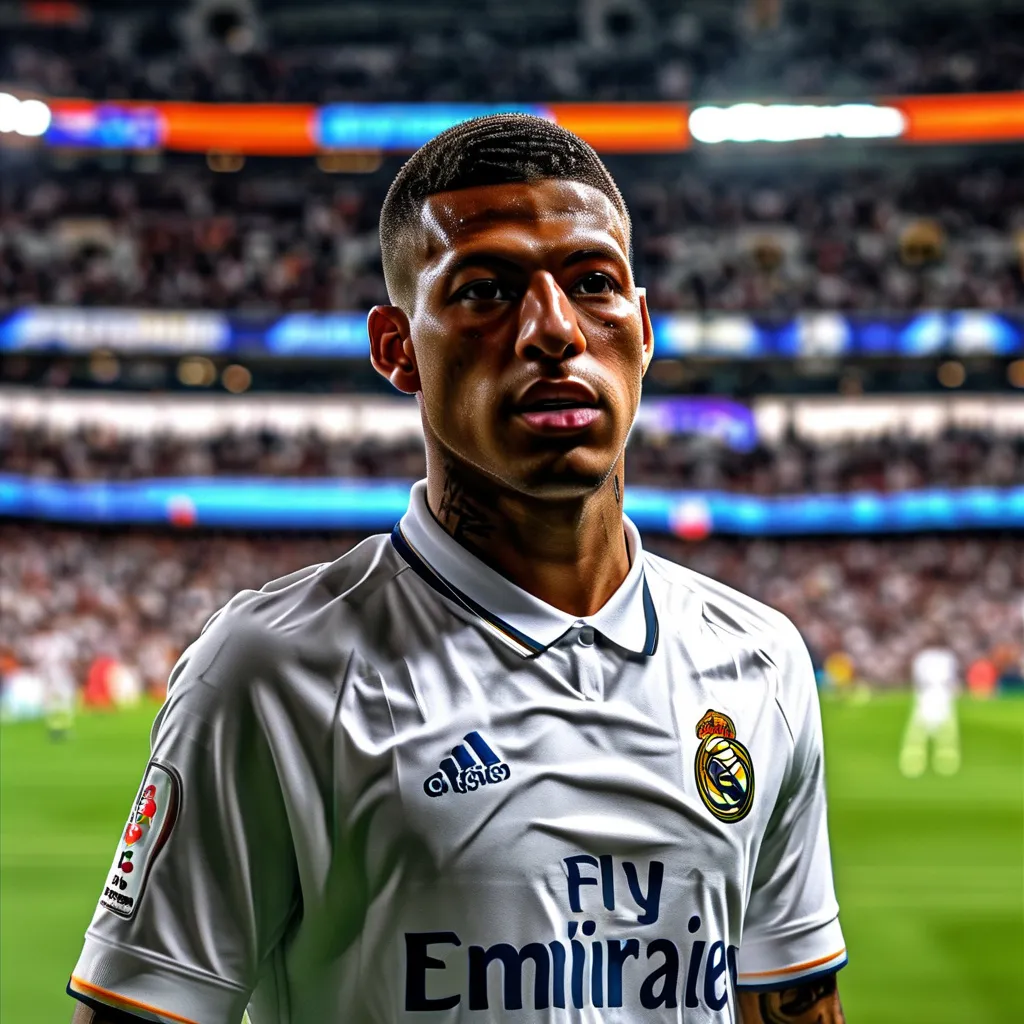 Prompt: the stranger image for real madrid next season with mbappe, vinicius, rodrygo and belligham. in santiago bernabeu stadium with most technology 