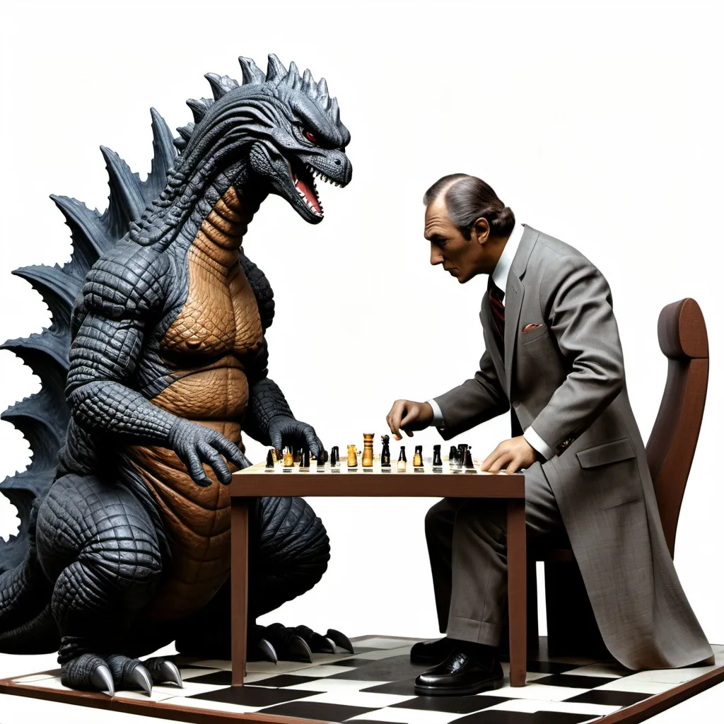 Prompt: Godzilla playing chess with rodan