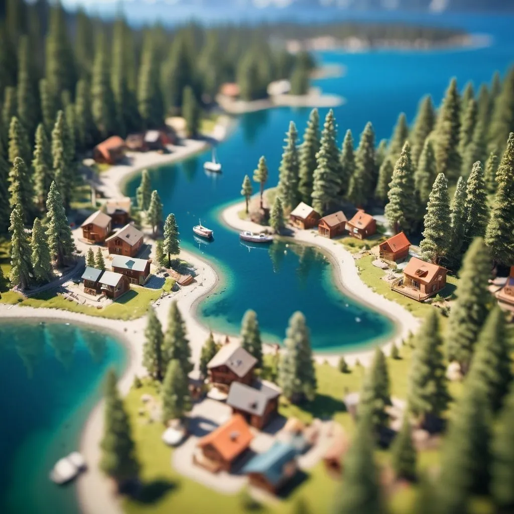 Prompt: Aerial view of a detailed miniature landscape world with tilt-shift effect, isometric rendering, tiny houses and boats in a serene Lake Tahoe setting, ultra-detailed, tilt-shift, isometric, miniature world, detailed landscape, tiny houses, tiny boats, Lake Tahoe, serene, high quality, professional rendering, peaceful vibes, detailed water, beautiful scenery