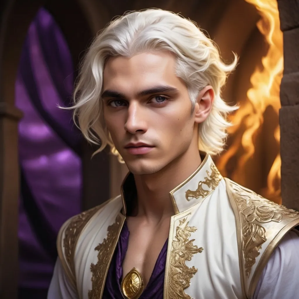 Prompt: (Targaryen men), strikingly androgynous beauty, (Light brown skin), (Golden-white hair), captivating eyes in shades of (Gold) and (Royal Purple), ethereal allure, high fantasy aesthetic, dramatic lighting, richly detailed, breathtaking expression, backgrounds infused with fiery elements, mythic atmosphere, ultra-detailed, high-quality image, cinematic depth, enchantingly divine atmosphere.