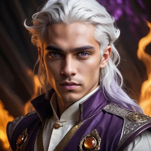 Prompt: (Targaryen men), strikingly androgynous beauty, (caramel brown skin), (silver-white hair), captivating eyes in shades of (purple) and (Gold), ethereal allure, high fantasy aesthetic, dramatic lighting, richly detailed, breathtaking expression, backgrounds infused with fiery elements, mythic atmosphere, ultra-detailed, high-quality image, cinematic depth, enchantingly divine atmosphere.