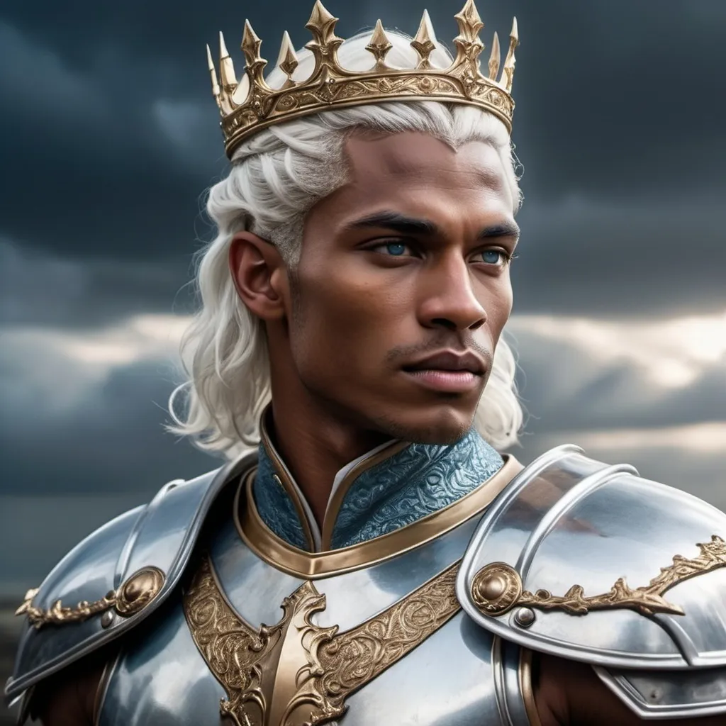 Prompt: (beautiful Targaryen man), muscular physique, broad shoulders, tapered waist, (striking icy blue eyes), silvery white neck-length hair, androgynous masculine beauty, chocolate skin, clear smooth unblemished skin, adorned with a regal crown, wearing ornate suit of armor, set against a dramatic backdrop of a stormy sky, high fantasy atmosphere, epic and fierce, ultra-detailed, cinematic lighting, 4K quality.