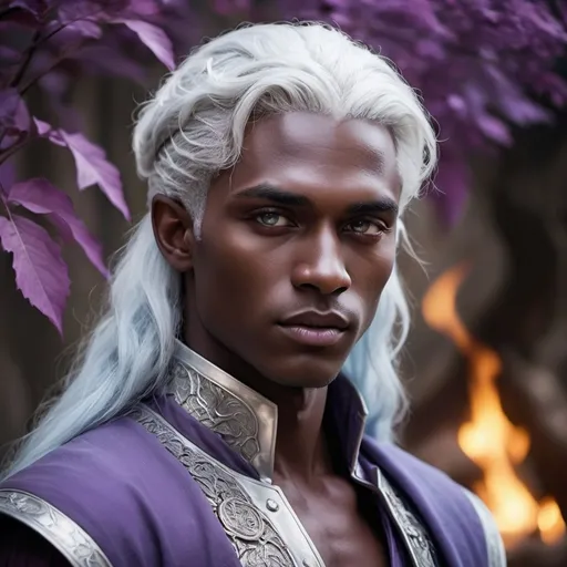 Prompt: (Targaryen men), strikingly androgynous beauty, (chocolate skin), (silver-white hair), captivating eyes in shades of (purple) and (light blue), ethereal allure, high fantasy aesthetic, dramatic lighting, richly detailed, breathtaking expression, backgrounds infused with fiery elements, mythic atmosphere, ultra-detailed, high-quality image, cinematic depth, enchantingly divine atmosphere.