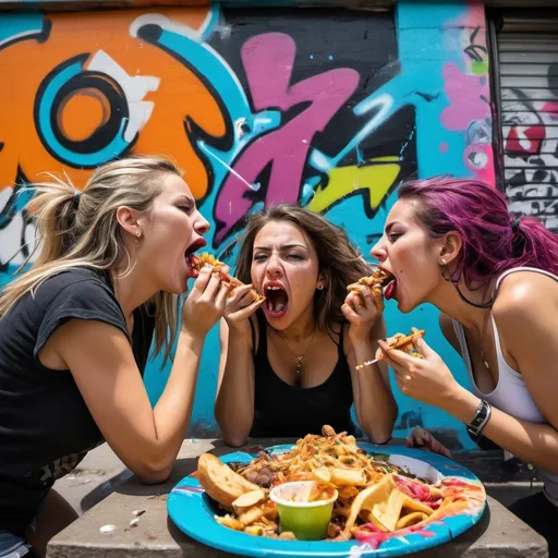 Prompt: 3 women devouring food like animals, messy eating, vibrant and chaotic, high energy, graffiti-style art, dynamic and colorful, expressive gestures, intense facial expressions, street art, wild and unapologetic, contrast of bold colors, urban setting, best quality, dynamic, vibrant, street art, messy eating, intense expressions, chaotic, colorful, unapologetic, energetic, graffiti-style, urban setting, wild