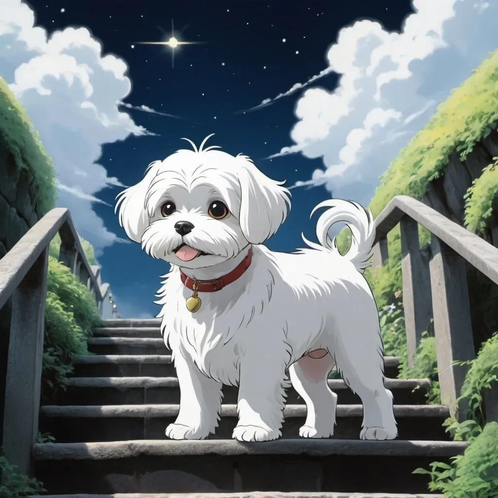 Prompt: 2d studio ghibli anime style, small white maltese dog, stairway to heaven