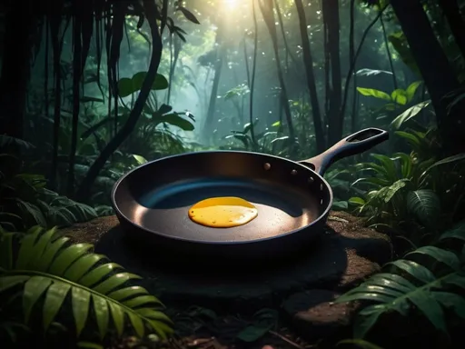 Prompt: Big black frying pan in the middle of the jungle, shadowy silhouette, vibrant wildlife, high quality, realistic, detailed, jungle adventure, intense lighting, mysterious atmosphere, exotic wildlife, vibrant colors, shadowy figure, atmospheric lighting