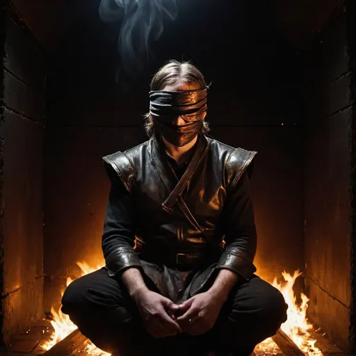 Prompt: A large blindfolded guardian in a dark chamber with a burnt out fire in the middle, where the blindfolded being sits