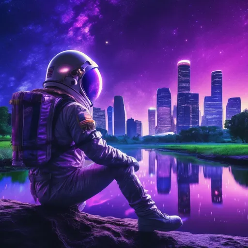 Prompt: (astronaut wearing a cowboy hat on top of the helmet sitting in front of Houston facing houston),with a bayou running through the landscape, futuristic city, purple skyline, starry night sky, glimmering stars, surreal ambiance, cinematic lighting, deep space exploration theme, blending of urban and cosmic elements, high detail, 4K quality, evoking a sense of wonder and adventure.