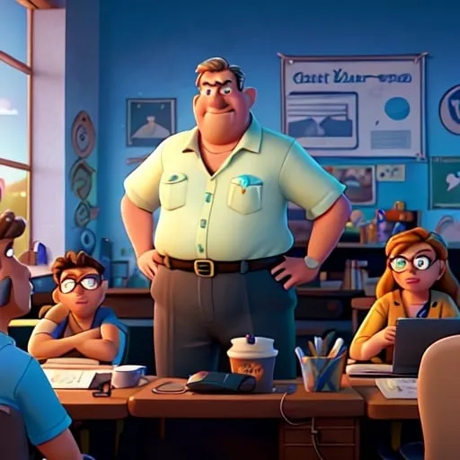 Prompt: A Disney Pixar Poster about a film called Kunu. The poster includes an overweight school teacher in his sixties laying on his desk, while swigging a bottle of rum. In front of him are school children typing on the laptops on their desks. Remember that this is a Pixar movie poster.