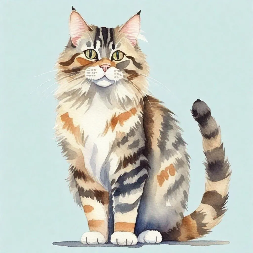 Prompt: cartoon fluffy domestic striped cat in full growth, standing with one paw raised, watercolor, discreet colors