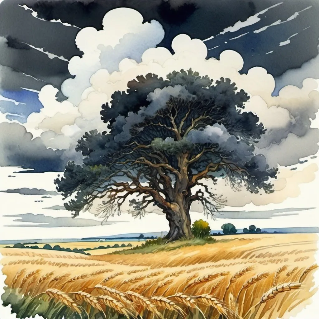 Prompt: beautiful landscape, dark clouds before a thunderstorm, sea of wheat, lonely oak tree, watercolor, in the style of Vasnetsov and Bilibin