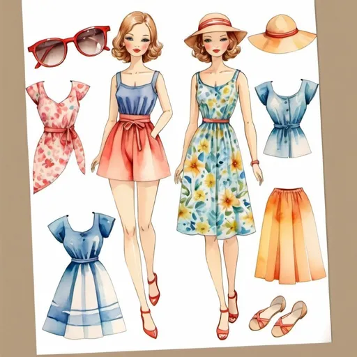 Prompt: design of beautiful summer clothes for a paper doll, two outfits, watercolor, original, classic