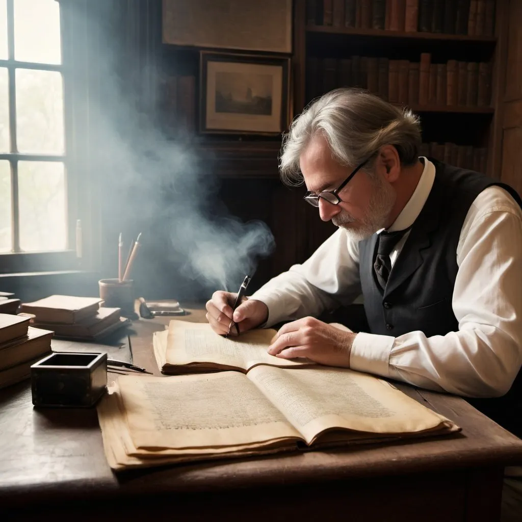 Prompt: author at work, writer's desk, old manuscript, haze, mystery, new world,