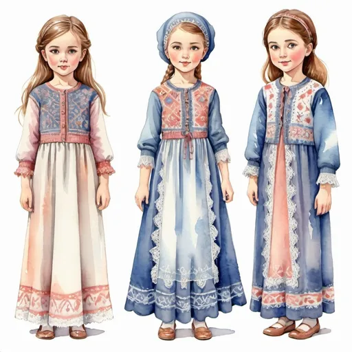 Prompt: Clothes design for seven year old girls. Full length, straight, arms along the body, Turkish motifs, knitted lace, watercolor. Faces with correct, realistic proportions. Small eyes.